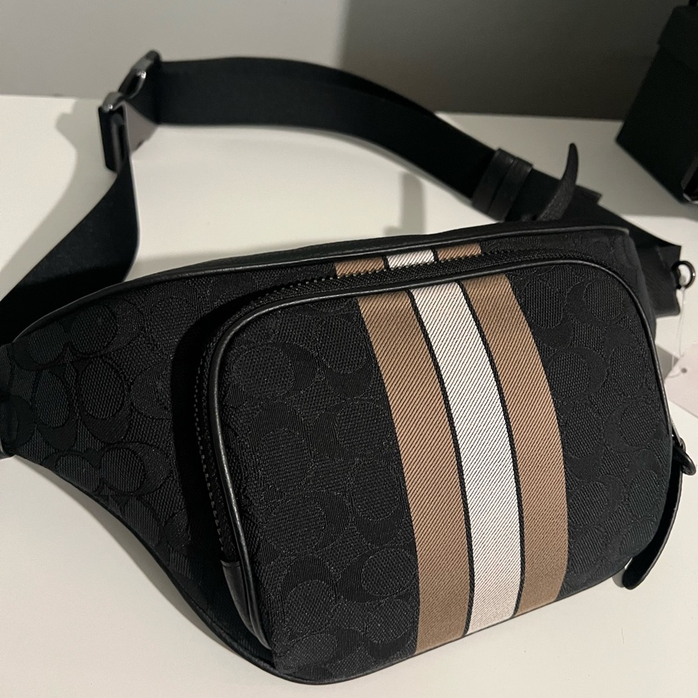 Coach Black Belt Bag with Stripes